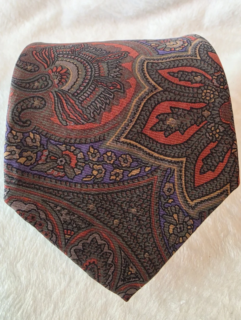 Vintage Rooster Brand Silk Necktie Red Brown Green Blue Paisley Made in USA Tie